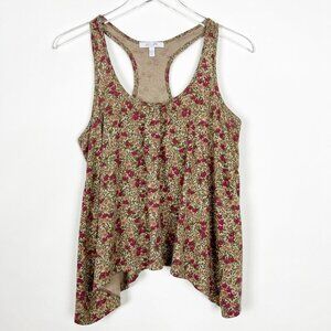 dELiA*s Tank Top Women's Size M Tan Red Olive Floral Print Asymmetrical Hem Boho